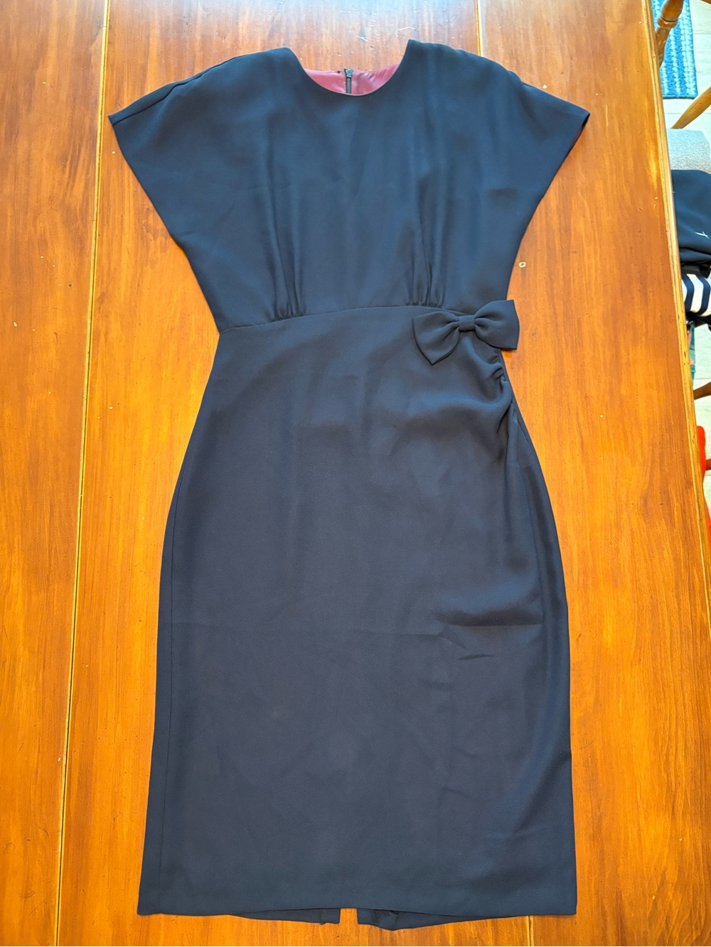 Navy Midi Sheath Dress with Side Bow - Women's